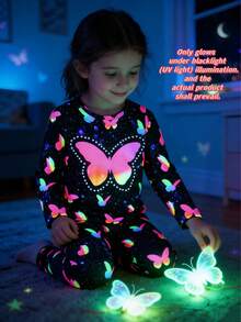 2pcs Young Girl Butterfly Print Luminous Sleepwear Set, Long Sleeve Shirt And Pants, For Spring & Autumn (Glows Under UV Light) - Black - View 11