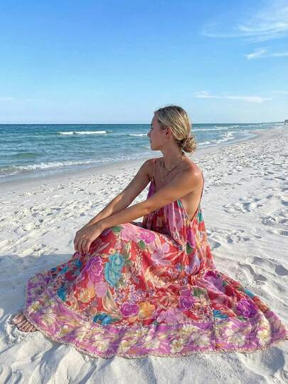 Vestido casual suelto con estampado floral diminuto de tirantes finos para mujer Vuslat, estilo bohemio de carnaval, playa y resort, vestido de playa adecuado para vacaciones de verano