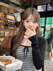 2pcs Contrast Stripe Camisole With Bow Accent & Cardigan Sweater Set, Spring/Summer - Dark Grey - View 5