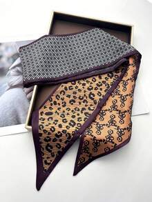 1条双面纯色围巾，马链印花，女士缎面领巾，可搭配连衣裙、短裤、腰带、包包、帽子、丝带腰带 - 焦糖豹紋 - 查看 3