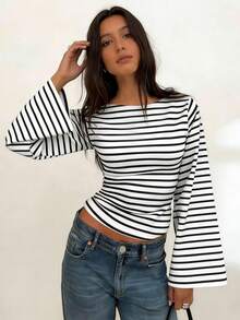 Striped Contrast Ribbed Long Sleeve T-Shirt For Women, Casual & Homewear Spring - Black and White - View 4