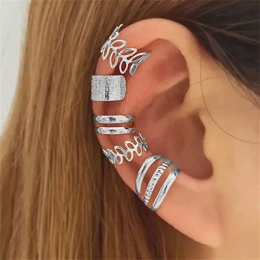5pcs C-Shaped Leaf Clip-On Earrings Set, Clip-On Ear Cuffs, Suitable For Daily Wear, Weddings, Parties And Gifting All Year Round - Silver - View 1