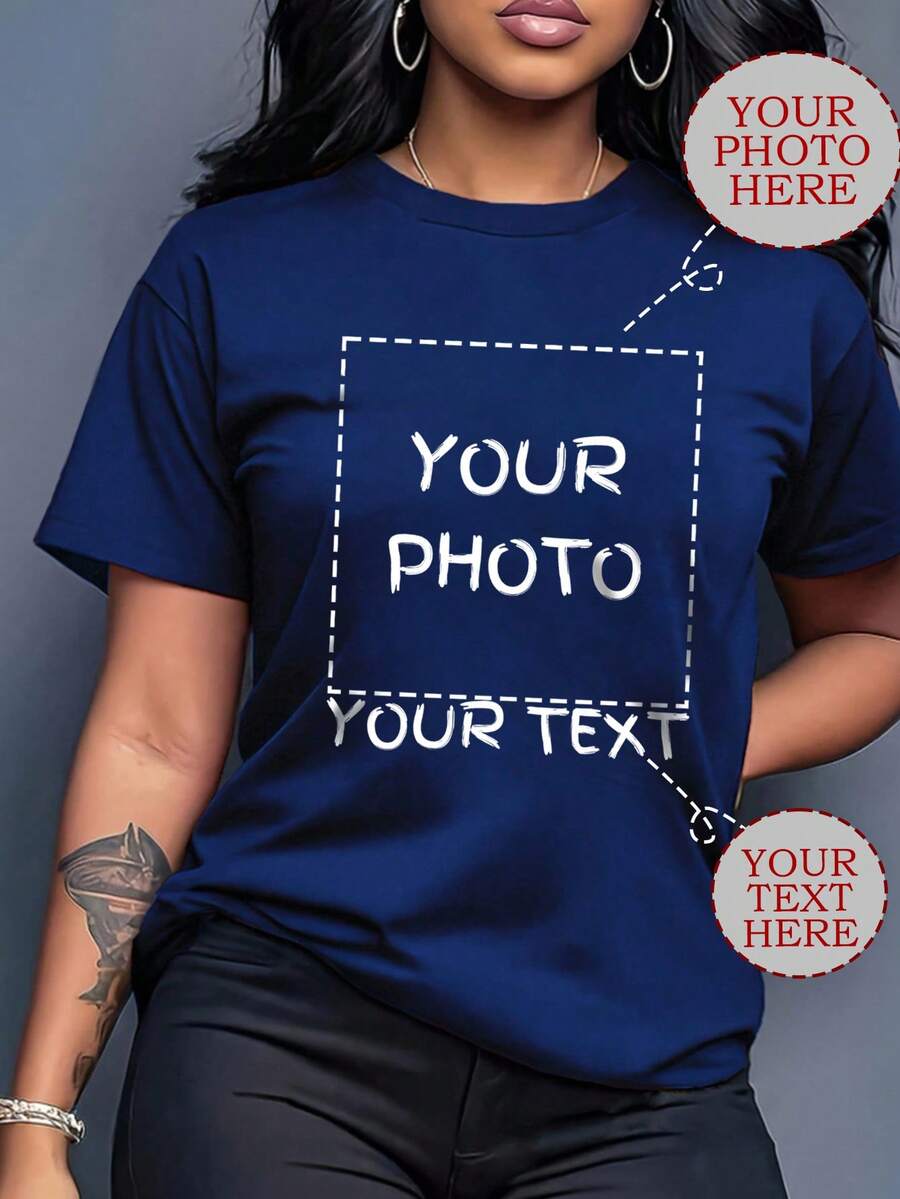 Customized Plus Size Women's Round Neck Short Sleeve Sports Top Summer - Navy Blue - View 1