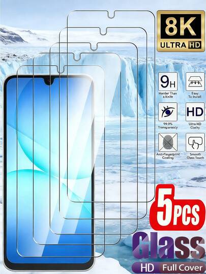 5片装超高清钢化玻璃膜屏幕保护膜，全覆盖，9H硬度，防爆防刮，兼容三星Galaxy A57 A37 A56 A55 A36 A35 A16 A26 A17 A07 S25 S26 Ultra S24 FE/小米15T 14T 13T Poco C75 C65 C85 14c 13c A4 A5 4G/5G Note 13 14 Pro/ 17 Pro Max 16 15 14 Plus 13 12 11等型号。自动吸附，安装简便。