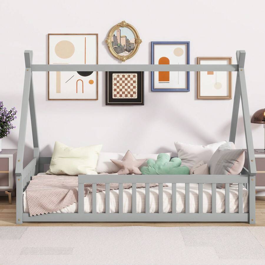 Twin Size Kids Floor Bed With Rails, Rubber Wood Montessori Floor Bed For Toddlers, Boys, Girls, Grey - 灰色 - 查看 1