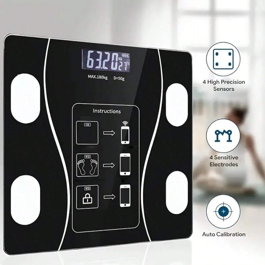 Smart Bathroom Scale, Digital Weight Scale With Backlit LED Display And Sturdy Tempered Glass, Compact Size, Max Weight Capacity 400 Lbs / 180kg - 黑色 - 查看 1