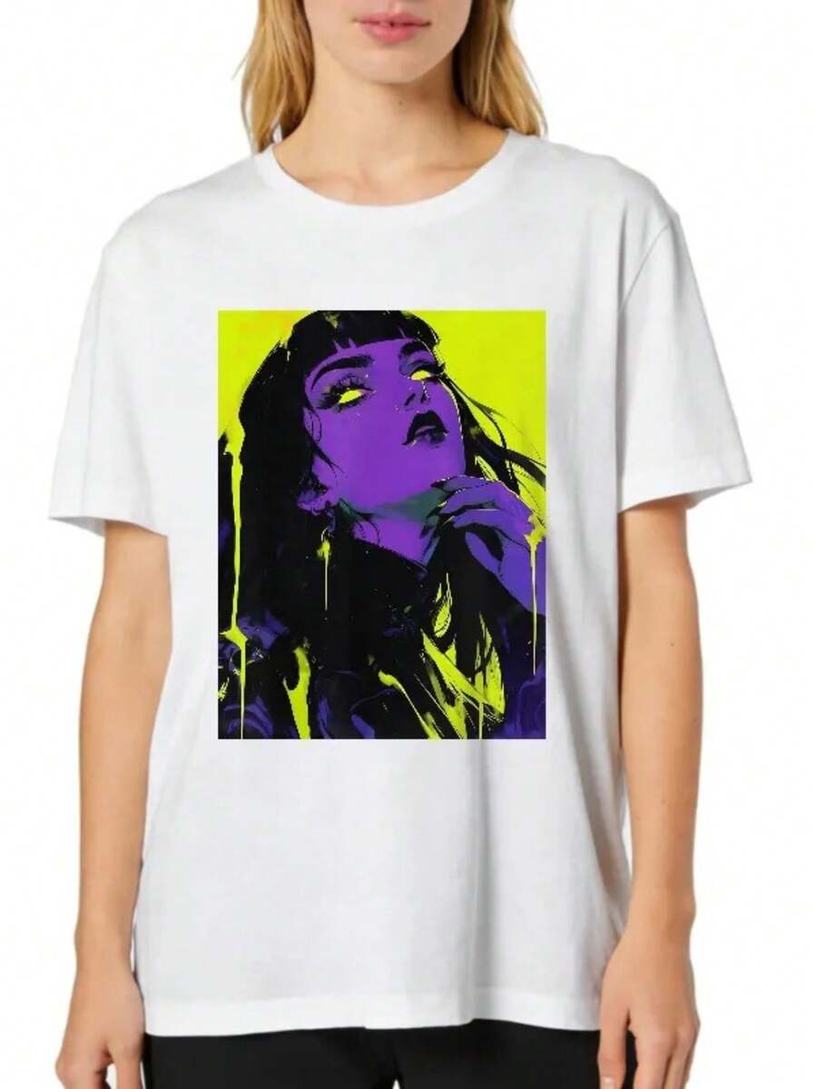 1pc Cybergoth Punk Goth Anime Womanga Grunge T-Shirt Women's Plus Size Cotton T-Shirt, Soft And Breathable Short Sleeve, Perfect For Daily Wear, Outdoor Activities, Travel, And Casual Style, Comfortable All-Day Fit! - trắng - Xem 1
