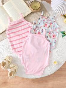 3pcs/Set Baby Girls' Sleeveless Cute Cartoon Rabbit & Floral Print Romper Outfit, Summer - Pink - View 2