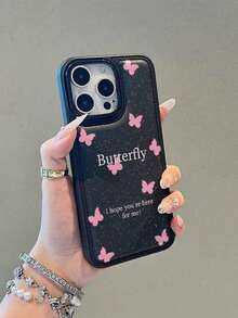 1pc Textured Butterfly Pattern Creative Phone Case, Compatible With IPhone 11 12 13 14 15 16 17 Series, Suitable As Gift For Family, Friends, Various Holidays - Black - View 1