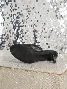 女士时尚网纱刺绣圆头黑色高跟凉鞋，优雅舒适的细高跟套脚凉鞋 - 黑色 - 查看 7