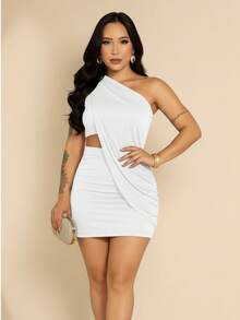 Virginia Short Dress, Gringa Style, End Of Year, Parties, Christmas, Sleeveless, Knit, Asymmetrical, Evening Party, Wedding, Birthday Party, Street, Travel, Beach, Summer - 白色 - 查看 5