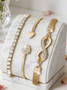 4pcs Luxury Diamond-Encrusted Women's Gold Watch Set, Including Diamond Gradient Dial Quartz Watch, Heart-Shaped Bracelet, Diamond Chain Bracelet, And Infinity Symbol Bracelet. The Dial Is Inlaid With Sparkling Diamonds, With A Gorgeous And Exquisite Style That Radiates Alluring Charm. - Gold - View 5