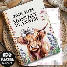 1 Book Of 2026-2028 3-Year Plan - Elegant Floral Cow Design, Highland Cow, Weekly And Monthly Layout, Time Efficiency Plan Notebook, Suitable For Offices, Schools, Families, Gifts - Durable Paper Organizer, School Supplies, Romantic Theme, Sturdy Binding, Functional Diary, Office Worker, Notebook, Diary, Stationery, School Notebook, Diary - 彩色 - 查看 1