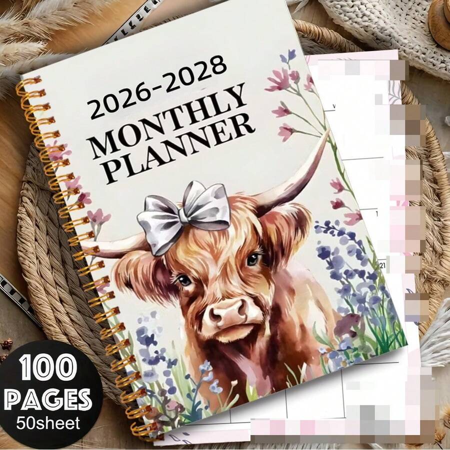 1 Book Of 2026-2028 3-Year Plan - Elegant Floral Cow Design, Highland Cow, Weekly And Monthly Layout, Time Efficiency Plan Notebook, Suitable For Offices, Schools, Families, Gifts - Durable Paper Organizer, School Supplies, Romantic Theme, Sturdy Binding, Functional Diary, Office Worker, Notebook, Diary, Stationery, School Notebook, Diary - 彩色 - 查看 1