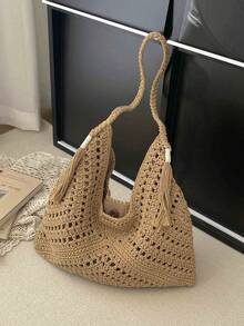 Retro Handwoven Straw Tote Bag, Beach Vacation Woven Bag, 2026 New Arrival - Khaki - View 12