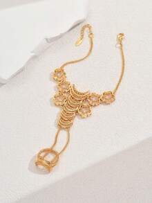 1 pièce Bracelet anneau de phalange en métal vintage avec lune et fleur, convient pour les tenues de mariage, de fête et de vacances - Or jaune - Voir 3