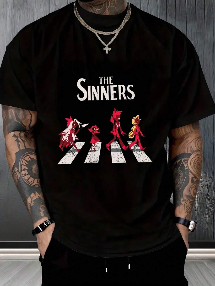 Camiseta Hombre The Sinners, Crossing Abbey Road, Diseño Hazbin Hotel, Conciertos y Encuentros, Fans de Anime y Música, Ropa Casual, 2026, Viral, Urbano,playera de hombre,ropa de hombre,playeras,parejas,envio nacional,regalo para hombre,oversize hombre. - Negro - Ver 1