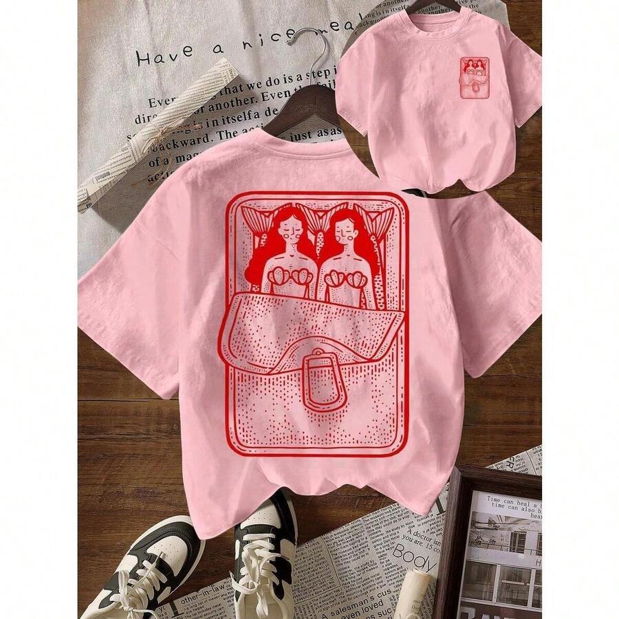 Camiseta Casual Feminina Sereia Sardinha Camisa Simples 100% Algodão - Rosa Bebê - Visão 1