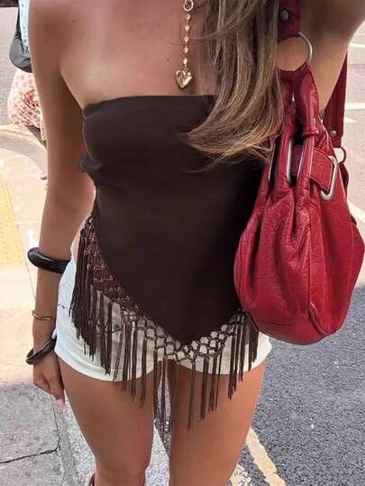 Camiseta de punto sin espalda con escote halter de estilo casual y sexy Y2K para mujer Just Masa, top corto bohemio con flecos y espalda anudada, unicolor irregular, adecuado para playa, vacaciones, fiesta, festival de música, cita nocturna, uso diario