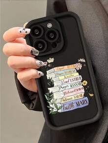 Fashionable, Popular, Personalized, Inspirational Floral Stacked Books Pattern Design Theme Luxury Shockproof Aesthetic Cute Phone Case, Soft-Touch Ultimate Grip, Waterproof & Durable, Dirt-Resistant, Bumper Cover With Camera Protection, Compatible With IPhone Series, And Compatible With For Galaxy - Black - View 3