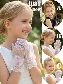 1 双女童/儿童（4-12岁）蝴蝶结蕾丝手套，黑白配色 - 1Pair - 查看 2