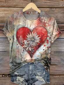 Casual Women'S T-Shirt With Heart Design - Made From A Soft, Featuring Artistic Floral And Splatter Patterns, Ideal For Comfortable Wear Year-Round - 黑色 - 查看 2