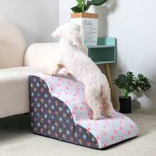 1pc Printed Flannel Pet Stair/Ramp, Non-Slip Foam Steps For Small Dogs, Removable & Washable - Grey - View 8
