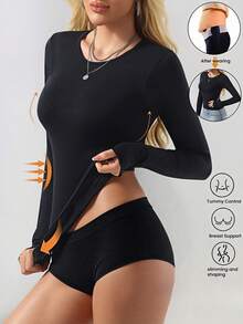 1pc Women's Casual Crew Neck Long Sleeve Warm T-Shirt, Seamless Soft Comfortable Minimalist Base Layer Top, Suitable For Daily Wear, Workout, Fitness - Black - View 3