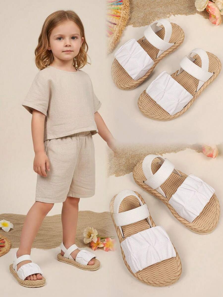 1 Pair White Children/Teens Fabric Criss-Cross Elastic Slip-On Round Toe Fashion Simple Elegant Casual Flat Foam Sandals, Suitable For Boys And Girls Aged 3-15, Daily Casual, Party, School, Walking, Travel, Vacation, Outdoor Wear, Spring/Summer 2026 New - White - View 1