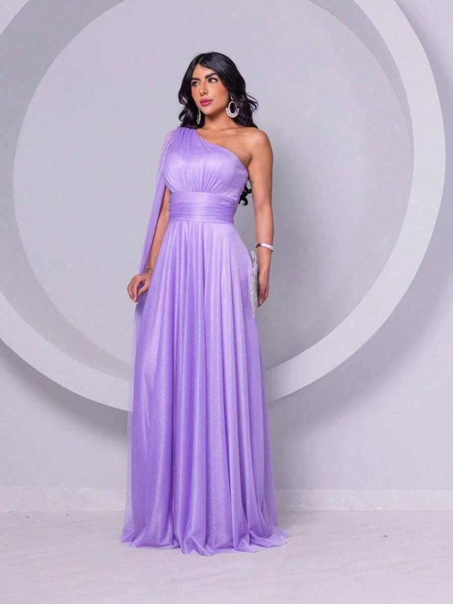 Women's Tulle Crystal Dress Shiny Color Long One Shoulder One Sleeve Long Cape Fashion Prom Party Social - Màu đỏ tím - Xem 1