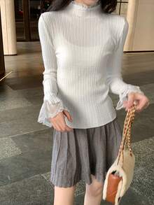 Women's Embroidered Crew Neck Fitted Knit Sweater, Versatile Base Layer, Autumn/Winter, Korean Style - White - View 6