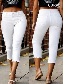 Jeans de talla grande cómodos y entallados hasta la pantorrilla con bolsillos, cierre de cremallera y botón, casual de primavera en color blanco - Blanco - Ver 1