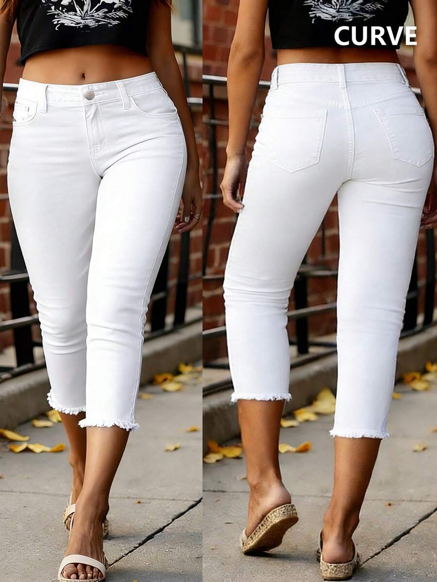 Jeans de talla grande cómodos y entallados hasta la pantorrilla con bolsillos, cierre de cremallera y botón, casual de primavera en color blanco - Blanco - Ver 1