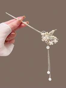 1件彩色水晶花朵、蝴蝶和树枝装饰仿珍珠流苏合金发夹，可作发髻延长器、发型造型夹、女士发饰 - 銀色 - 查看 6