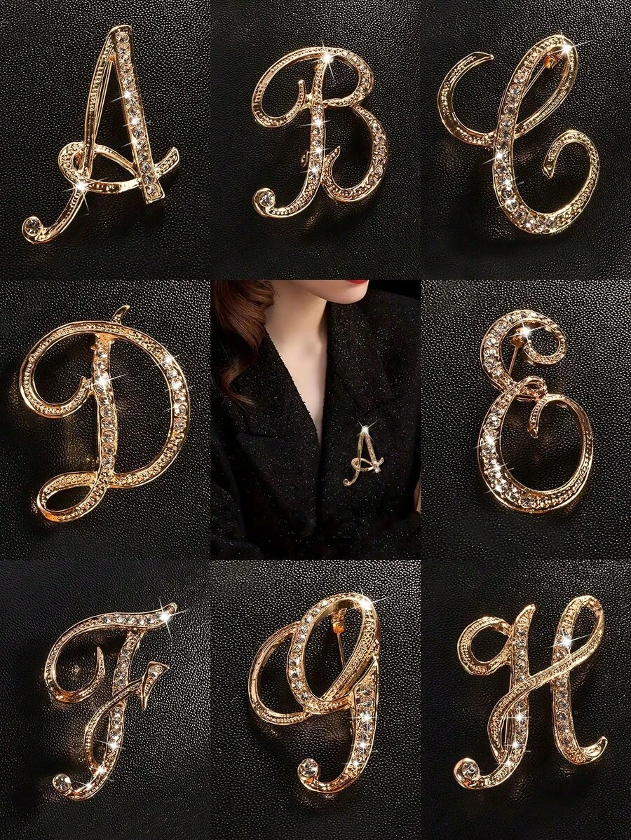 1Pc A-Z Letter Rhinestone Brooch – European Style Alloy Sparkly Pin, Elegant Versatile For Suits/Shirts/Coats/Dresses, Perfect Gift - Multicolor - View 1