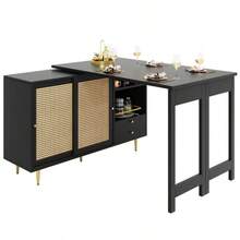 360° Swivel Bar Table (Main Body Dimensions: 107 X 40 X 71.4 Cm), Black Extendable Designer Bar Table, Storage Unit With Rattan Door And Open Shelf, Ideal For Kitchen And Dining Room. - 黑色 - 查看 1