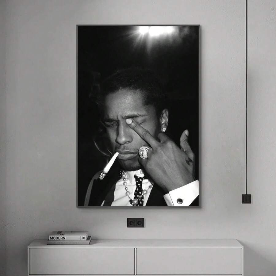 1pc Framed Rocky ASAP Poster, Music Poster, Canvas Poster, Wall Art, Home Decor, No Frame - 黑色 - 查看 1