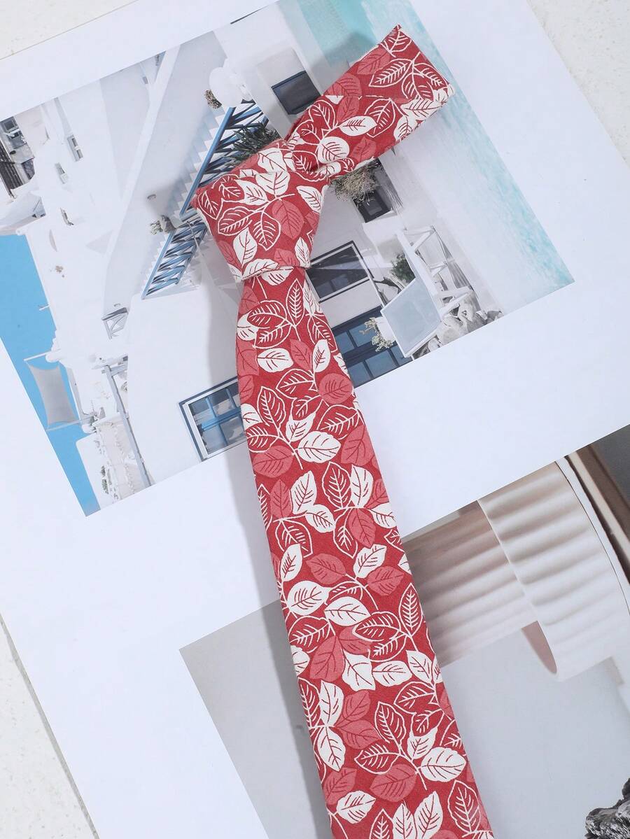 1pc Fashionable Men's Leaf Pattern Tie, Versatile For Daily, Commute, Outing, Party Matching - Red - View 1