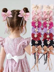 10pcs/Pack Pearl Flower Decor Waffle Fabric Ribbon Bow Hair Clips For Girls, Barrettes, Side Clips, Bangs Clips, Rhinestone Shiny Hair Accessories, Suitable For Valentine's Day, Christmas, Everyday Use - Multicolor - View 11