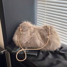 Solid Fluffy Soft Candy Color Satchel Bag, Y2K Style Faux Fur Tote Bags For Ladies, Party Bag, Party Dresses For Women, Winter Fur Purse, Suitable For Commuting, Work, Gatherings, Parties, Perfectly Matching With Fall Outfits Womenfall Clothes For Women, New Arrival Fur Bag For Women - 咖啡 - 查看 5