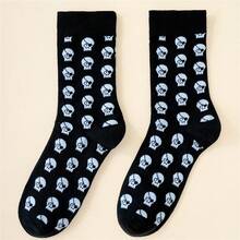 1双男士袜子，绅士朋克风黑色中筒袜，饰有白色海盗图案，适合日常穿着，春秋季款 - 黑與白 - 查看 6