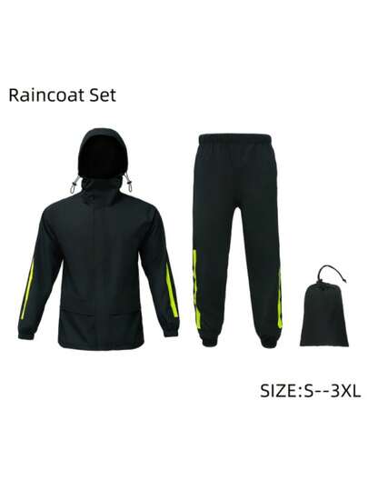 1 Set Unisex Outdoor Black Reflective Raincoat Suit With Storage Bag, Lightweight Breathable Hooded Raincoat And Pants, Suitable For Commuting, Outdoor Activities, Cycling, Camping, Fishing, Etc.