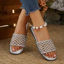 女士新款镂空编织平底拖鞋，简约百搭透气舒适休闲通勤凉鞋 - 銀色 - 查看 2