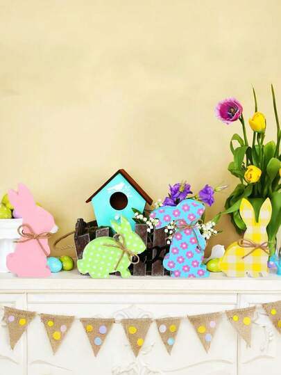 4件套复活节兔子木制装饰品，桌面兔子木制摆件，乡村风兔子摆件，春季兔子木制饰品，非常适合复活节装饰，复活节兔子餐桌装饰，带标签和绳子的兔子装饰，节日派对装饰，生日派对礼物