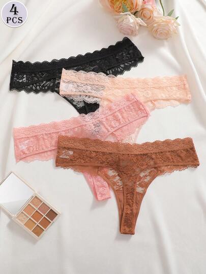 4pcs/Set Solid Color Lace Sexy & Comfortable Low-Waist Women's Panties, Suitable For Valentine's Day, Dates, Private Parties, All Seasons