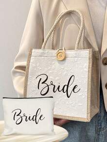 新娘蕾丝印花手提包 白色化妆包 - 印有“爱意满满”字样，新娘字母图案，单件派对婚礼旅行洗漱包，便携式化妆包，多功能包，旅行化妆包，字母图案拉链收纳包 - 彩色 - 查看 17