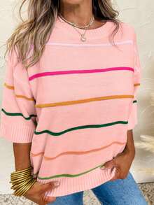 Acelitt Colorblock Striped 3/4 Sleeve Casual Knit Top, Suitable For All Seasons Pink - Pink - View 3
