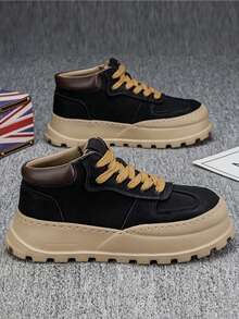 男士厚底耐穿舒适休闲运动鞋，PU皮革户外运动复古舒适男士滑板鞋，纯色拼接青年户外舒适男鞋 - 黑色 - 查看 2