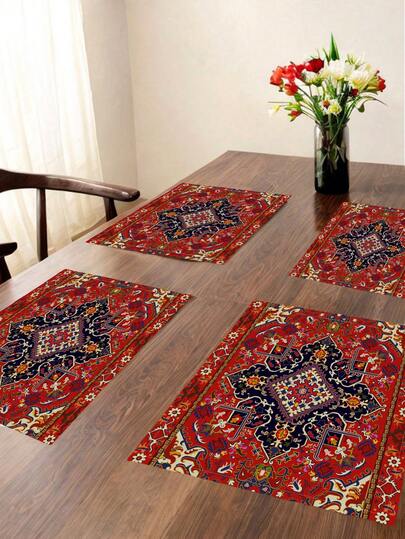 4pcs Moroccan/Bohemian Geometric Floral Vintage Pattern Heat Resistant Placemats, Suitable For Patio Round Table, Party, Kitchen, Dining Table, Afternoon Tea Gathering