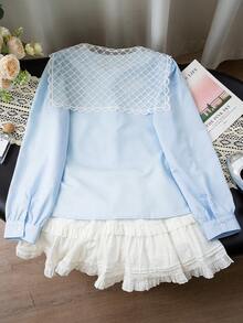 法式蕾丝边饰藏蓝色翻领女式衬衫，春夏款，宽松版型，显瘦，长袖休闲上衣 - 藍色 - 查看 6